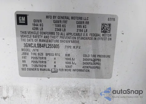 2015 Chevrolet Trax Lt из США, поврежденный, VIN 3GNCJLSB4FL255005